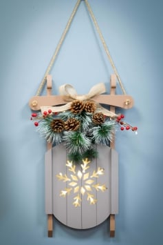 Battery-Operated 55cm Grey Decorative Wooden Sled - Snowflake Design