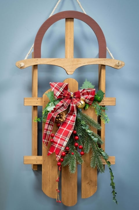 70cm Decorative Wooden Sled With Tartan Bow