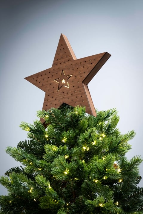 Brown Wooden Battery-Powered Star Tree Topper - Star Scene   