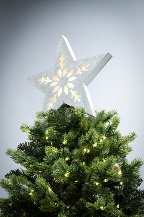 Silver Wooden Battery-Powered Star Tree Topper - Snowflake Scene