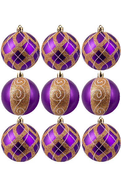 10cm Hand Painted Shatterproof Bauble Design 10 (9 Pack)