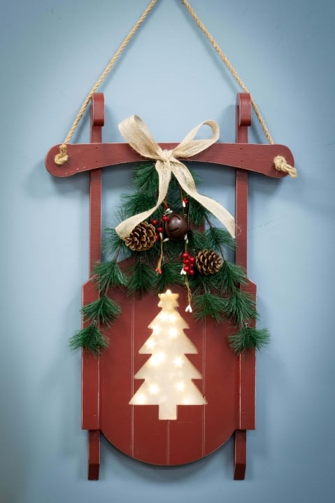 Battery-Operated 55cm Red Decorative Wooden Sled - Tree Design