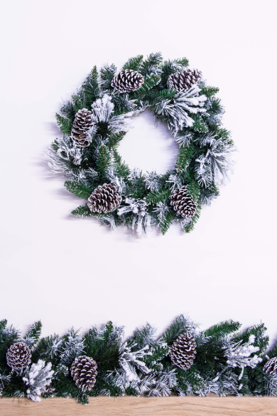 50cm Flocked Decorated Mixed Pine Wreath with Pine Cones