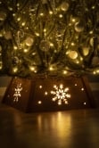 Pre-lit Large Brown Wooden Tree Skirt - Snowflake & Stars Scene