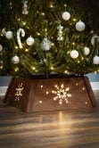 Pre-lit Large Brown Wooden Tree Skirt - Snowflake & Stars Scene