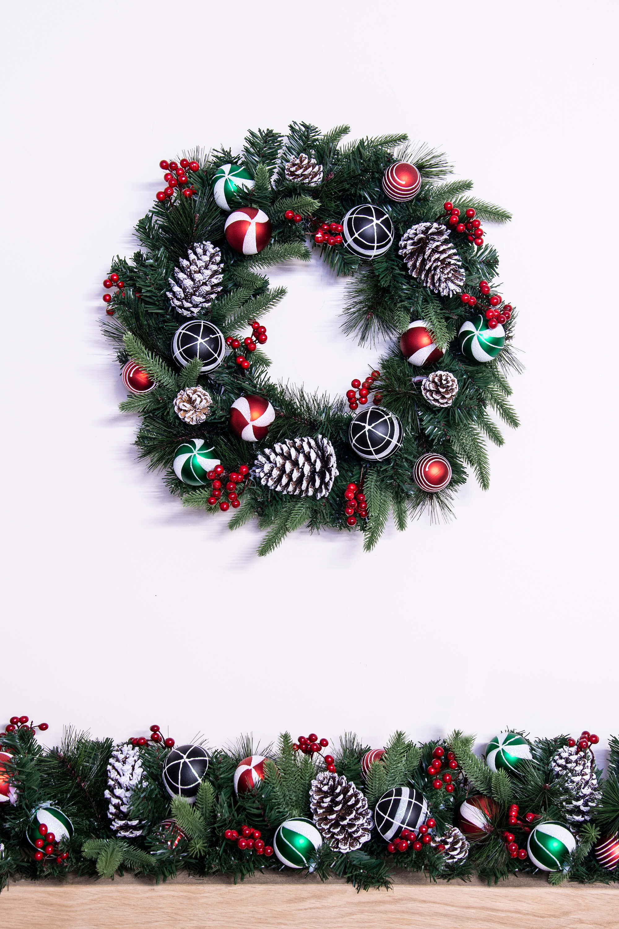 50cm Mixed Pine Wreath with Red Green & Black Baubles | Wreaths